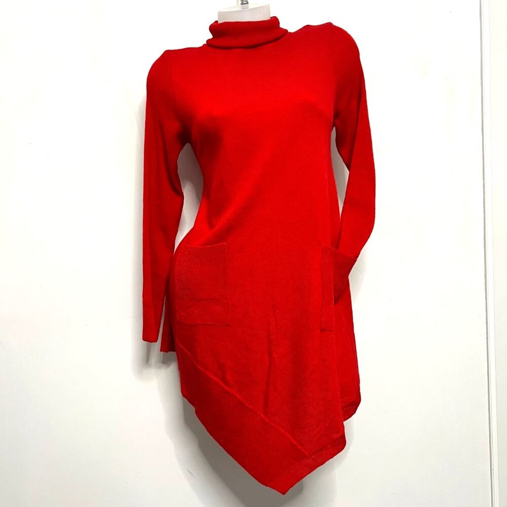 Ny Collection Red Asymmetrical Turtleneck Sweater Dress With Pockets Size S